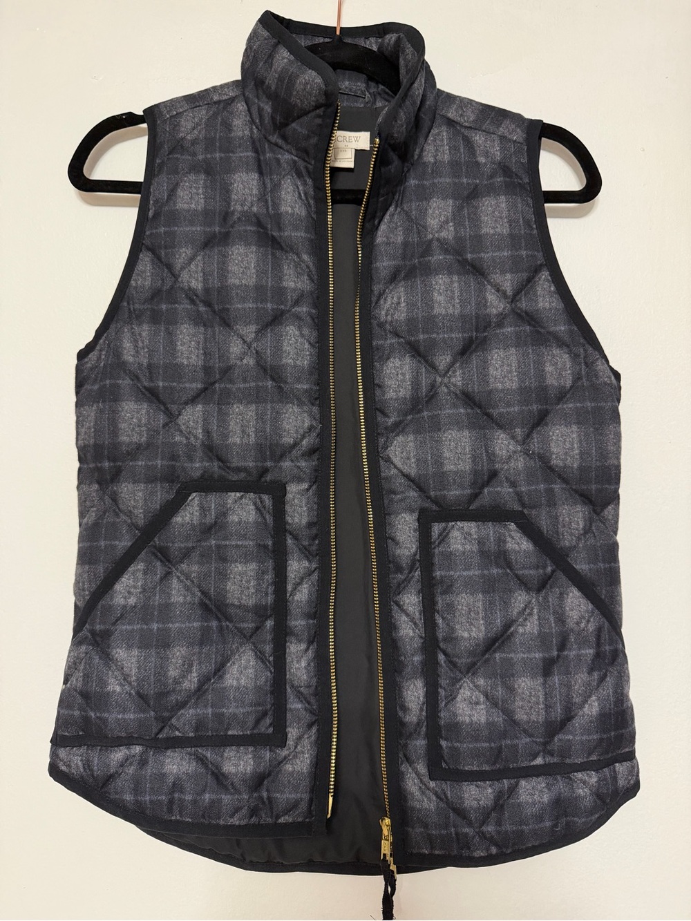J. Crew Quilted Gray Plaid Vest with Gold Zipper